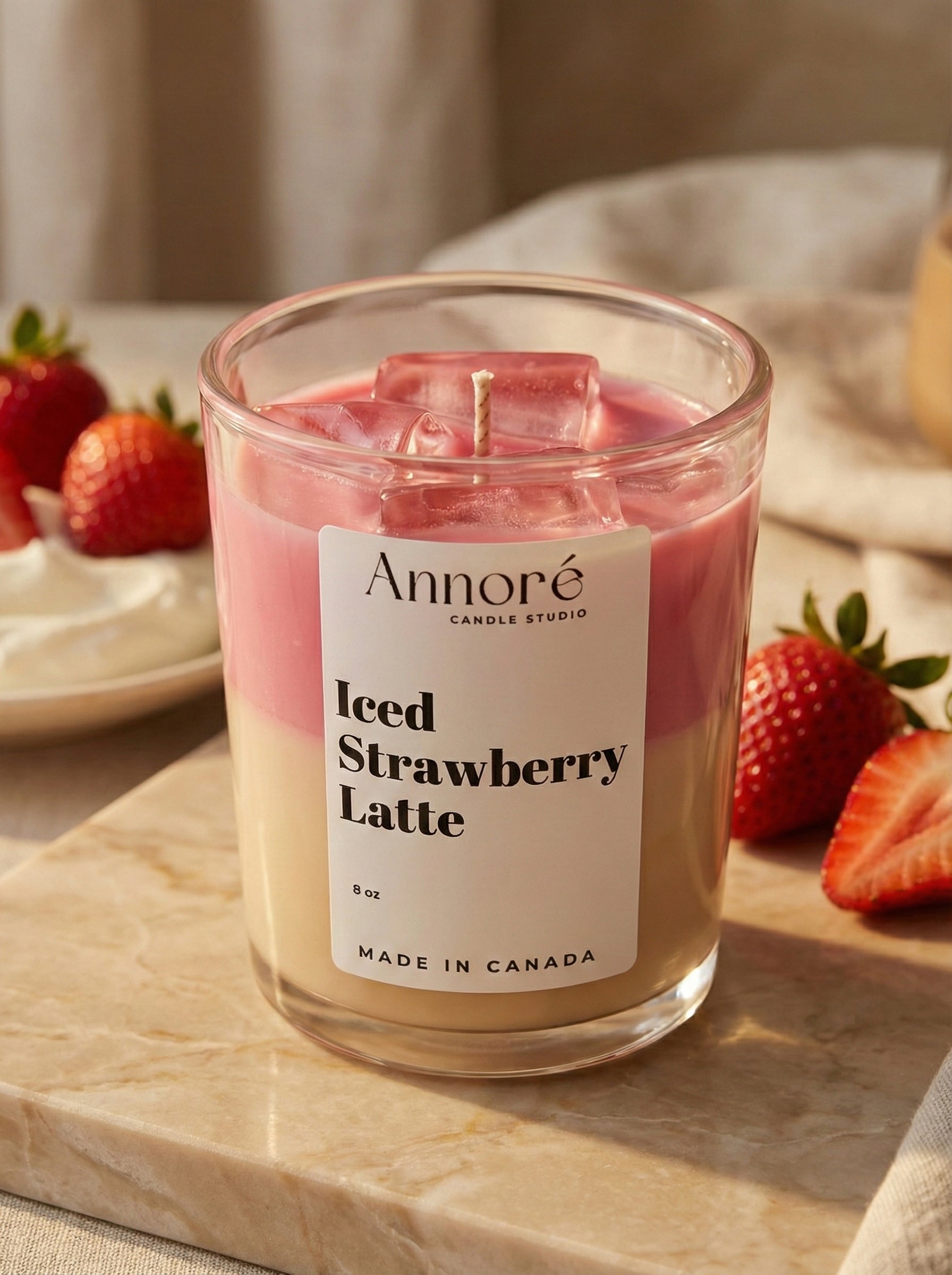 Iced Strawberry Latte | Handmade Scented Soy Wax Candle | 8 oz