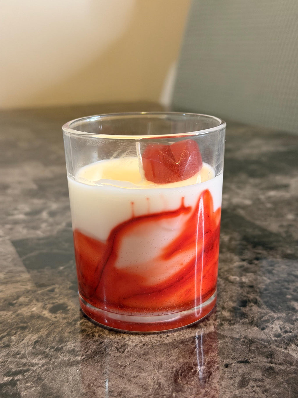 Handmade Soy Wax Candle – Sweetheart Red Swirl, Heart Topper (8oz, Personalized Label Available)