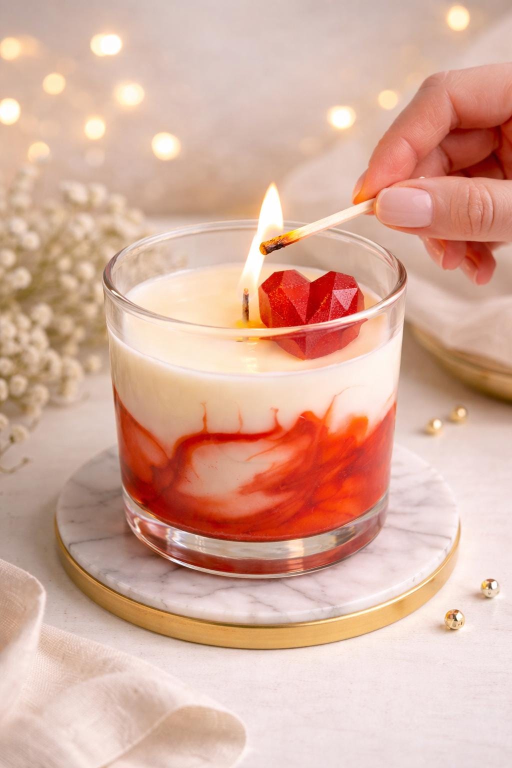 Handmade Soy Wax Candle – Sweetheart Red Swirl, Heart Topper (8oz, Personalized Label Available)