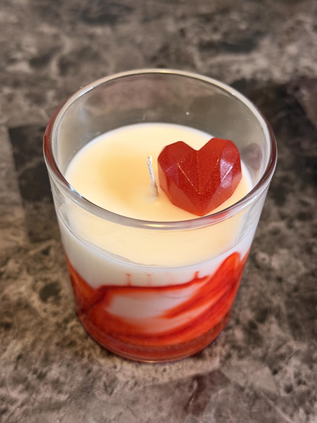 Handmade Soy Wax Candle – Sweetheart Red Swirl, Heart Topper (8oz, Personalized Label Available)