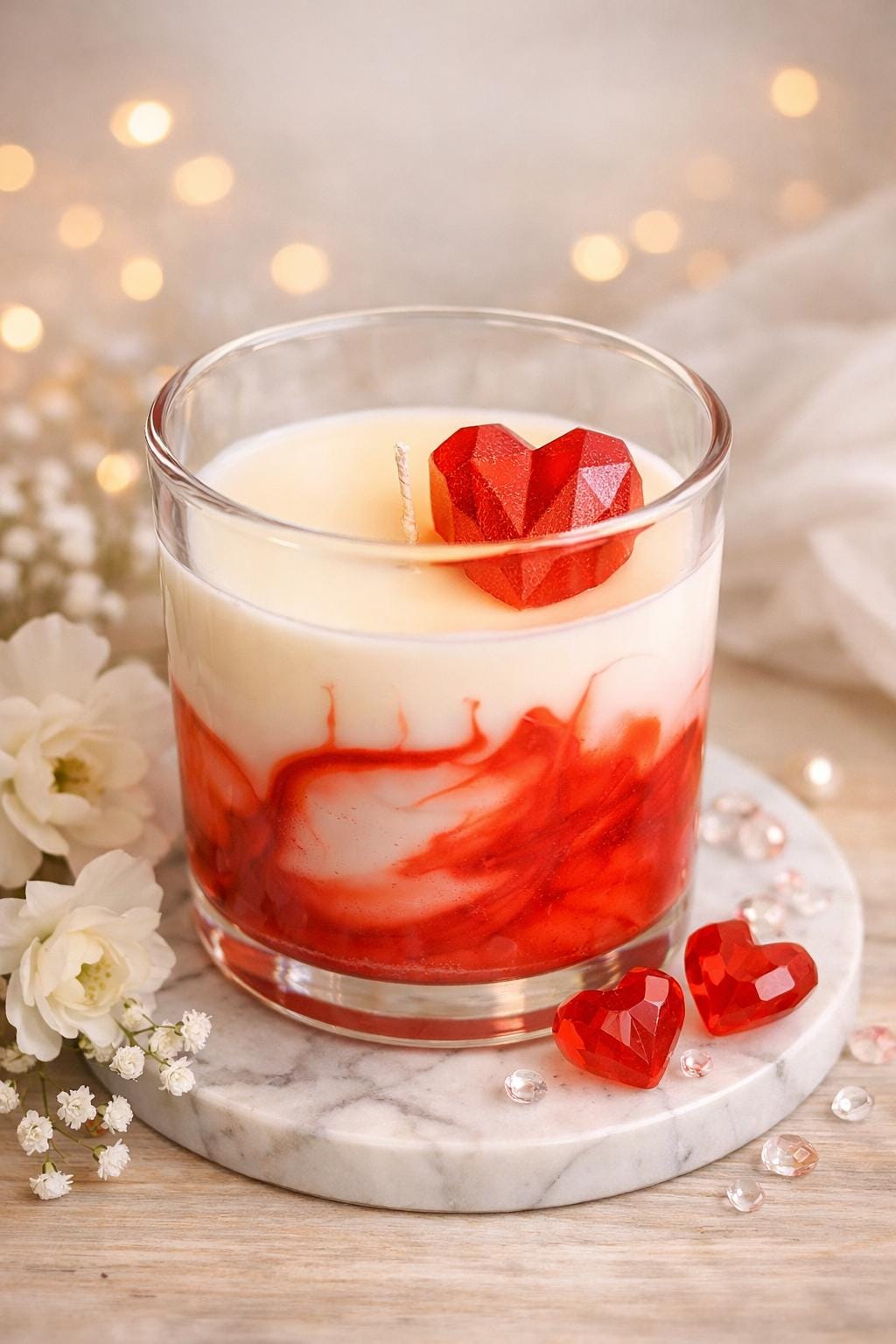 Handmade Soy Wax Candle – Sweetheart Red Swirl, Heart Topper (8oz, Personalized Label Available)