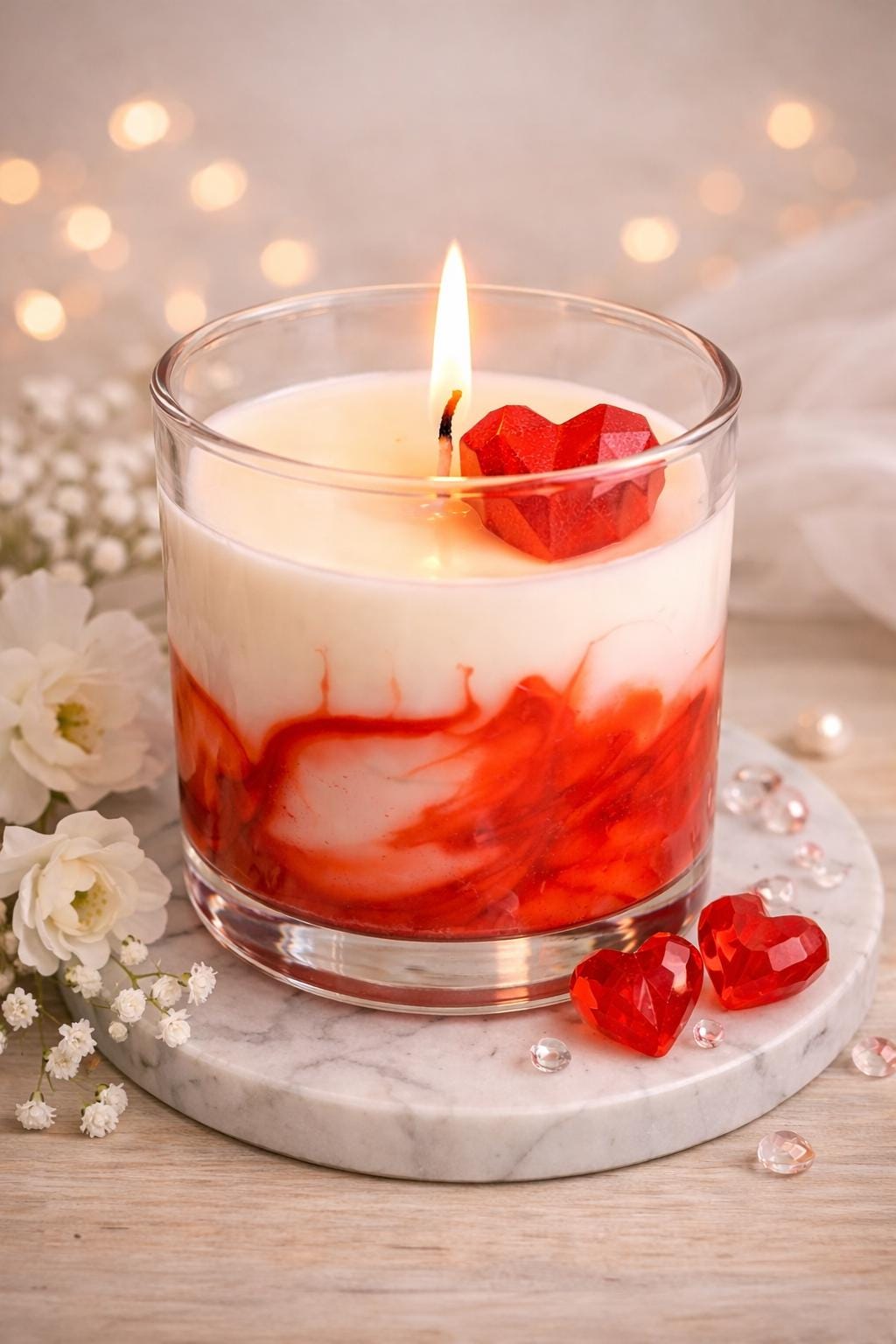 Handmade Soy Wax Candle – Sweetheart Red Swirl, Heart Topper (8oz, Personalized Label Available)