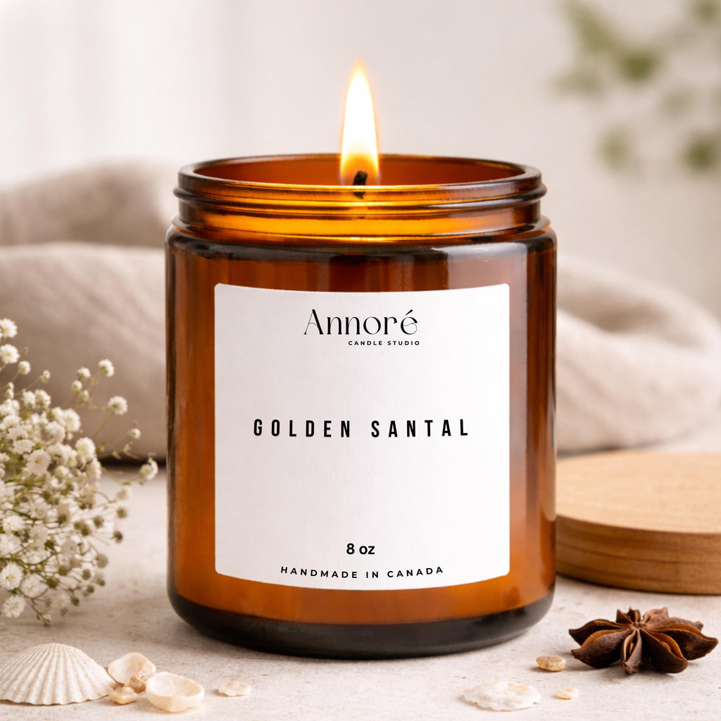 Golden Santal Soy Candle | Hand-Poured 8oz Luxury Scented Candle | Warm Amber Sandalwood & Cashmere | Cologne-Inspired Gift | Handmade in CA