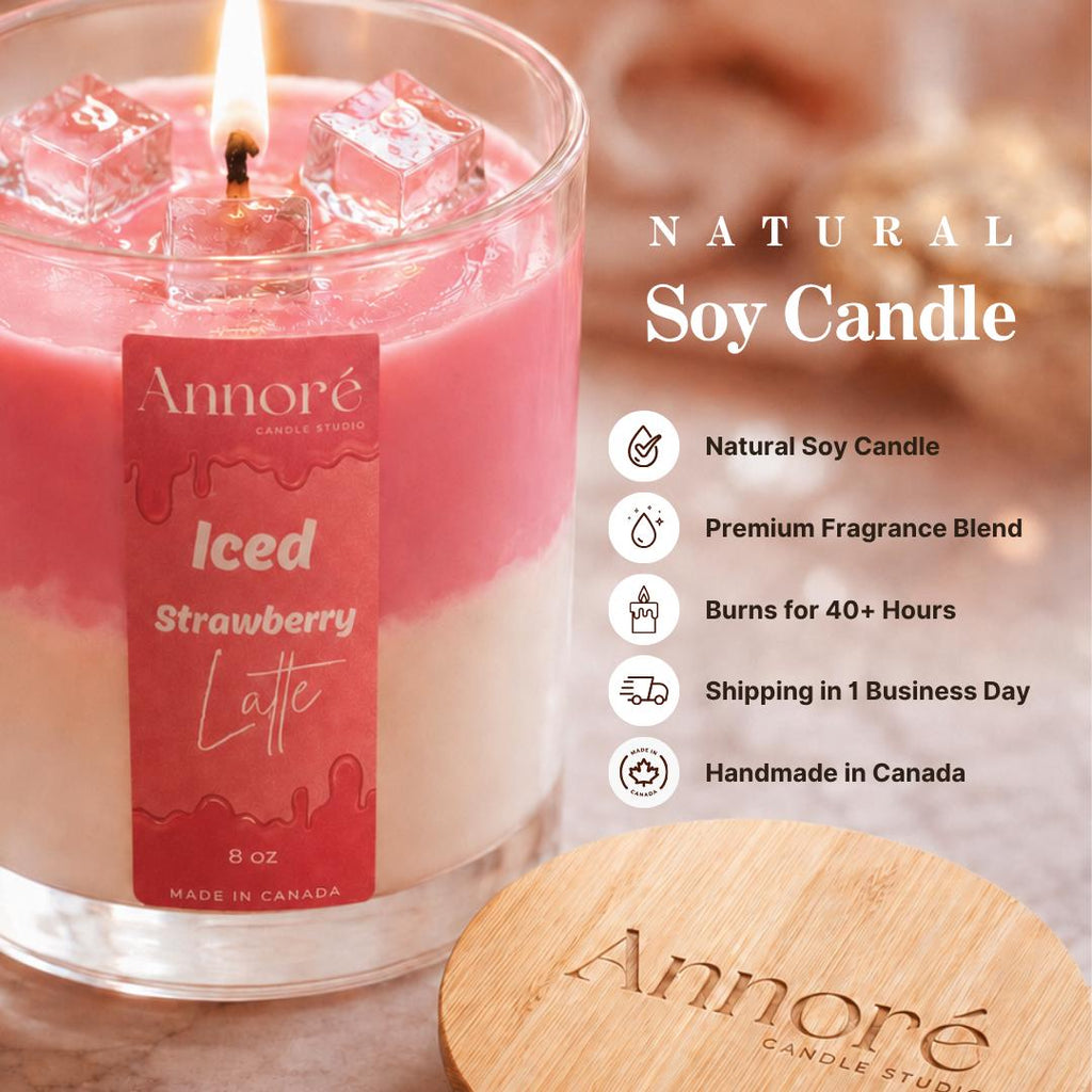 Iced Strawberry Latte Soy Candle | Aesthetic Dessert Candle | Hand-Poured 8oz Scented Candle | Gift for Her | Handmade in Canada