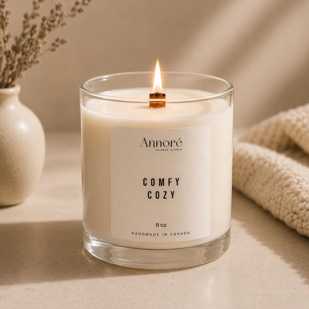 Comfy Cozy Soy Candle | Hand-Poured 8oz Fresh Linen Scented Candle | Warm Blanket Amber & Clean Cotton | Cozy Gift | Handmade in Canada