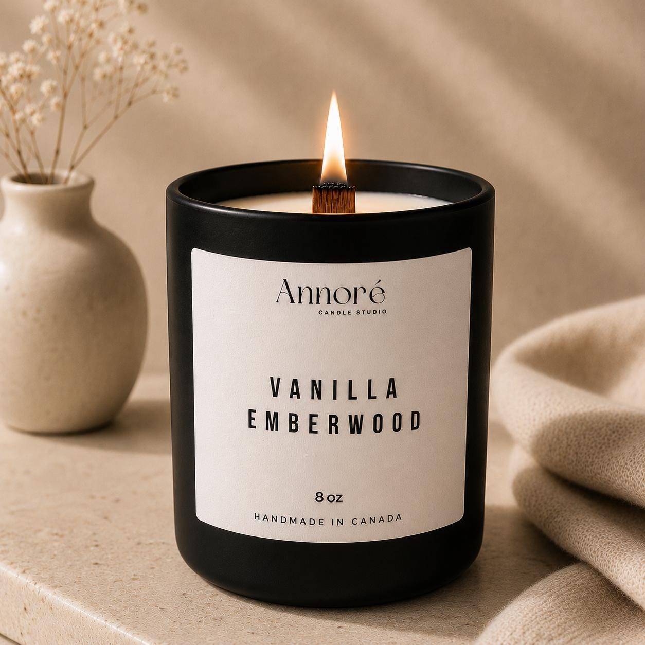 Vanilla Emberwood Soy Candle | Hand-Poured 8oz Cozy Scented Candle | Warm Vanilla Amber & Cedarwood | Holiday Gift | Handmade in Canada