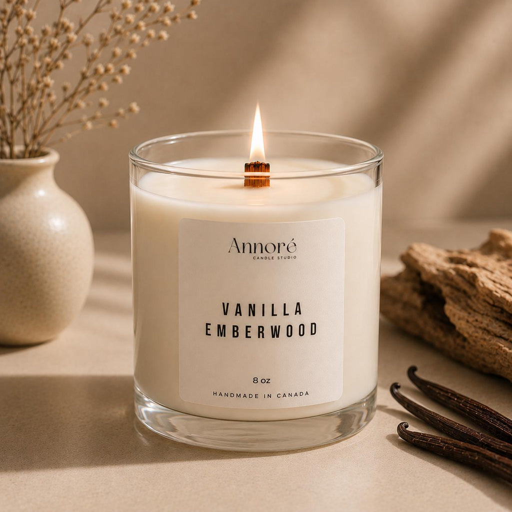 Vanilla Emberwood Soy Candle | Hand-Poured 8oz Cozy Scented Candle | Warm Vanilla Amber & Cedarwood | Holiday Gift | Handmade in Canada