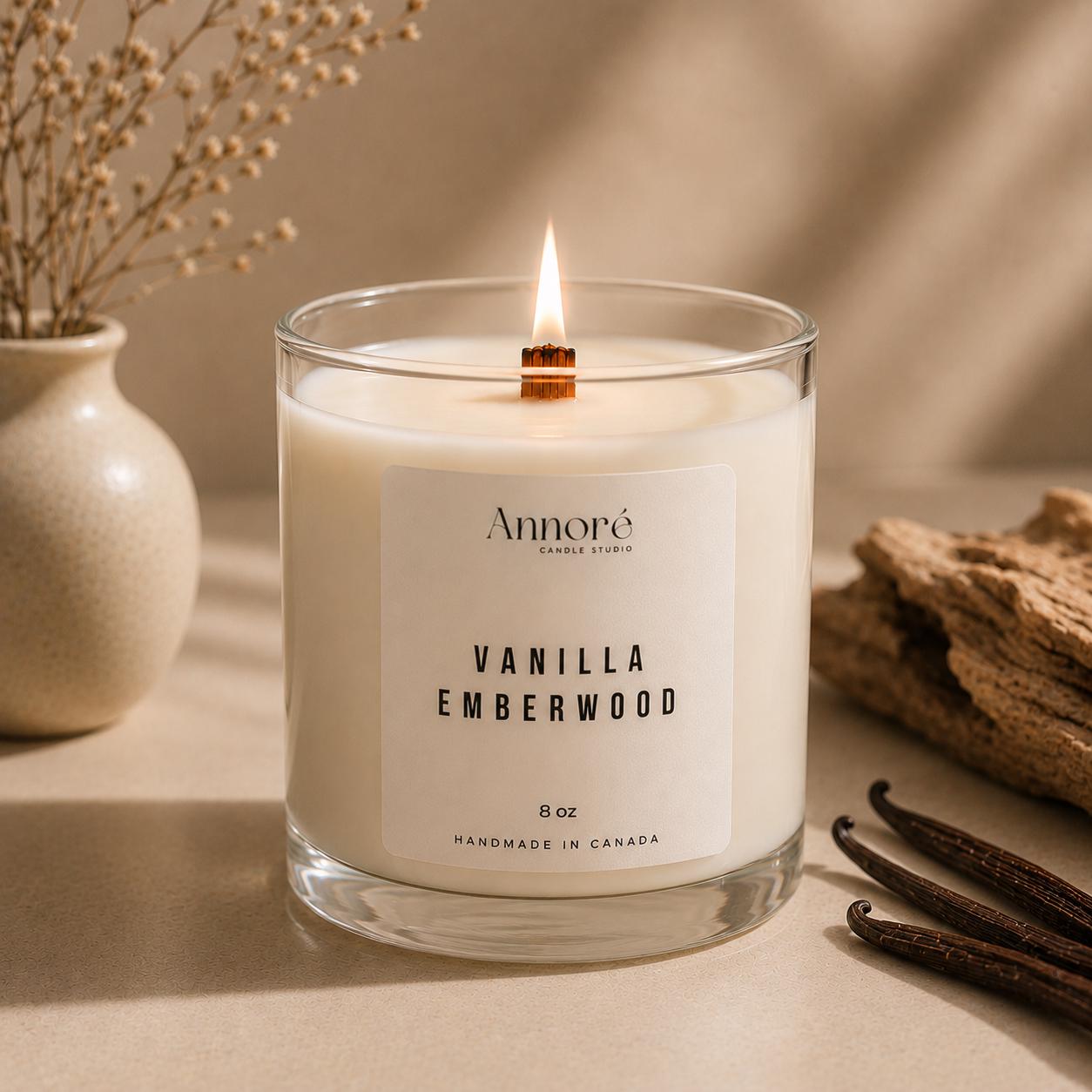Vanilla Emberwood Soy Candle | Hand-Poured 8oz Cozy Scented Candle | Warm Vanilla Amber & Cedarwood | Holiday Gift | Handmade in Canada