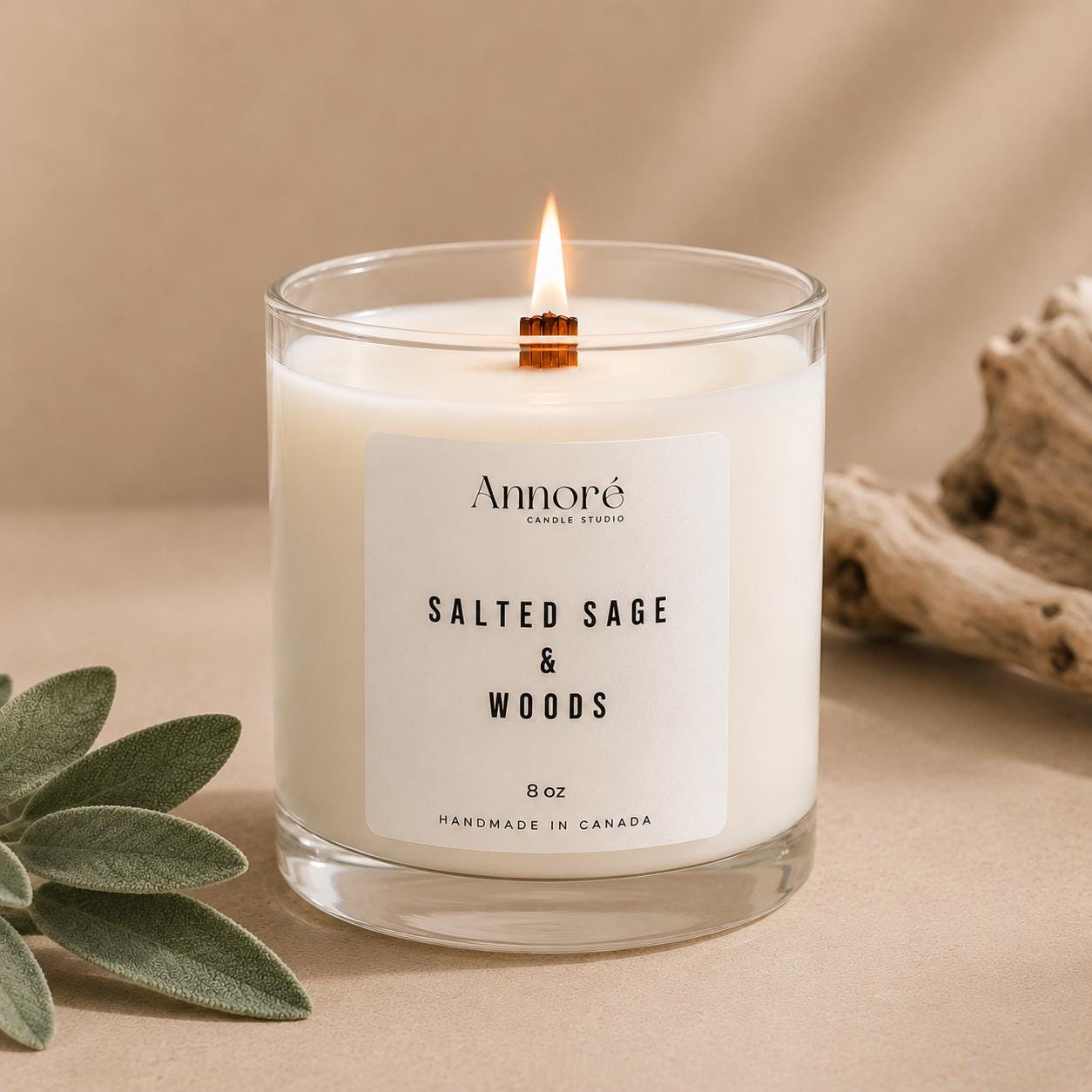 Salted Sage and Woods Soy Candle | Hand-Poured 8oz Coastal Scented Candle | Fresh Citrus Sage and Driftwood | Spa Gift | Handmade in Canada